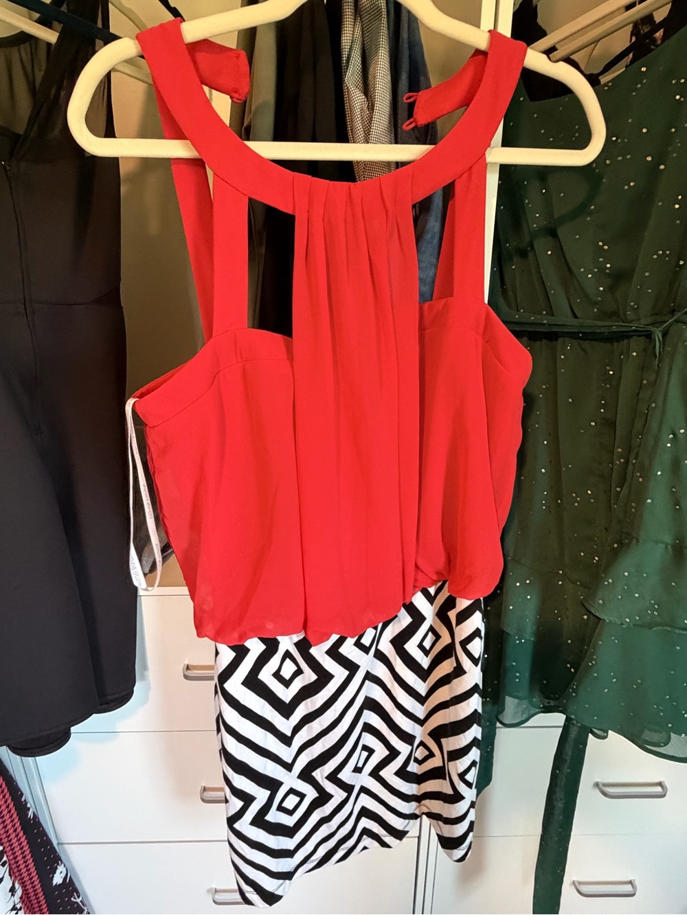 Bisou Bisou Red Black & White Geometric Dress Size 12